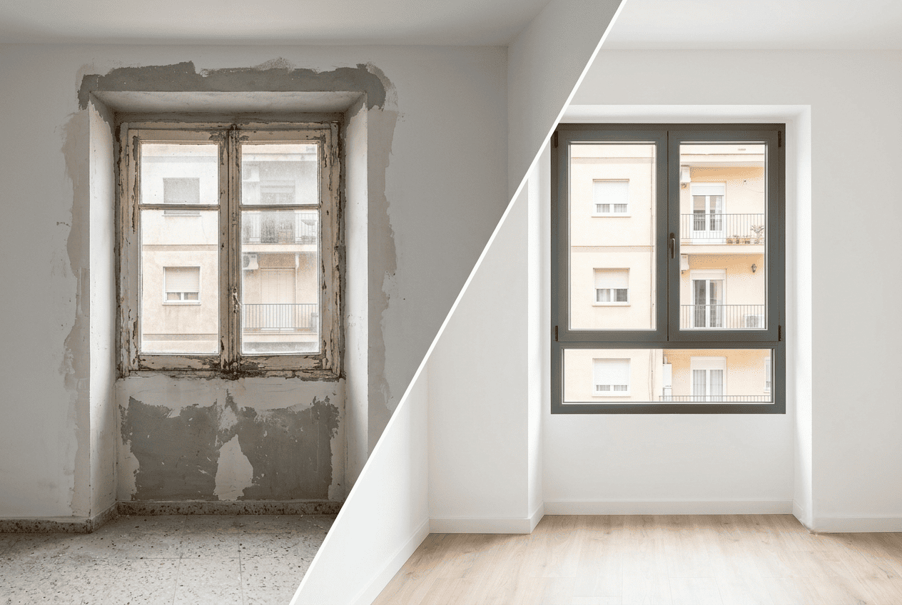 Comparativa de una ventana antigua de madera y una nueva ventana de aluminio instalada en una vivienda reformada.