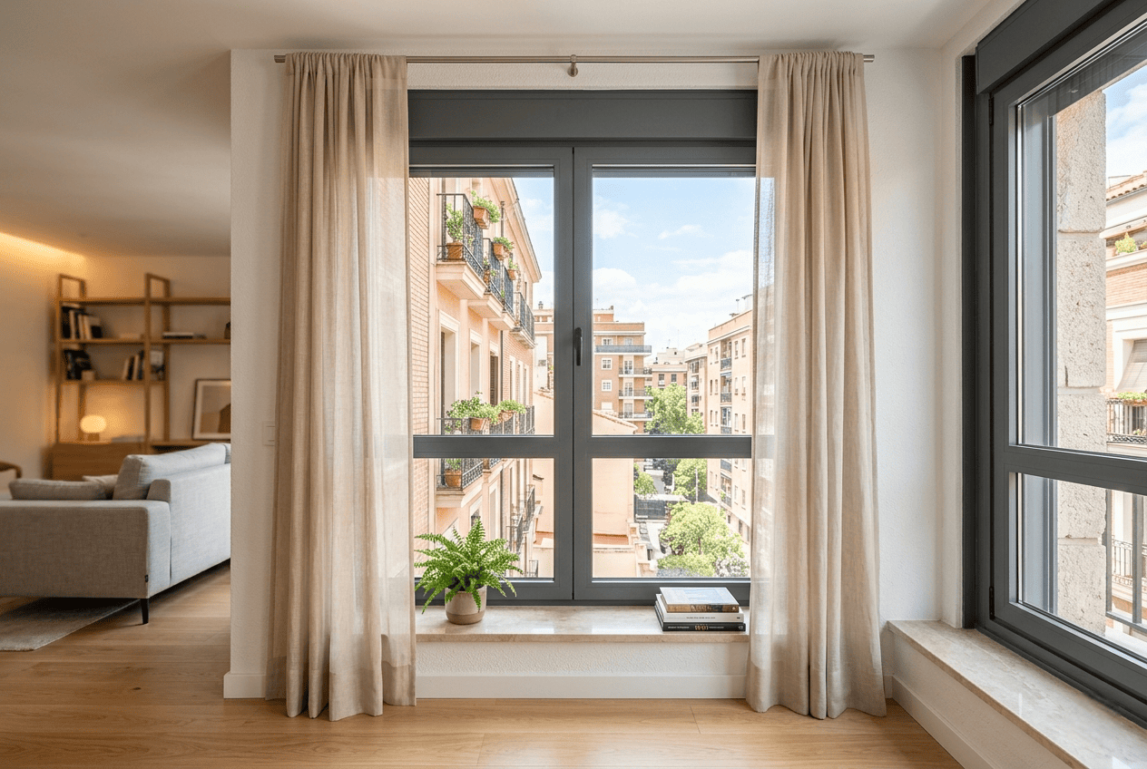 Visillos claros instalados en una ventana de aluminio moderna con entrada de luz natural