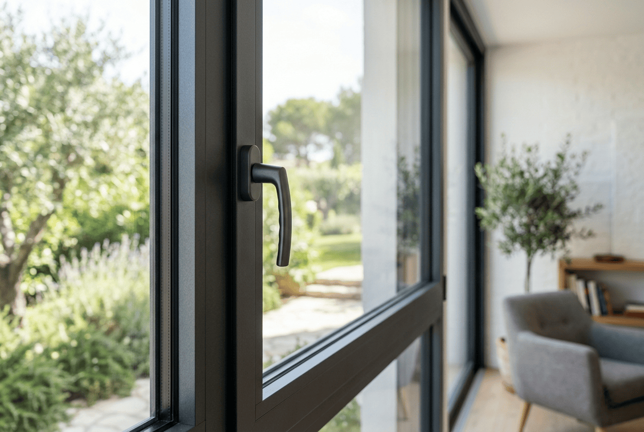 Diseño de ventana de aluminio moderna con perfil oscuro y vidrio amplio en vivienda luminosa