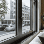 Ventana de aluminio con aislamiento acústico en una vivienda junto a una calle con tráfico