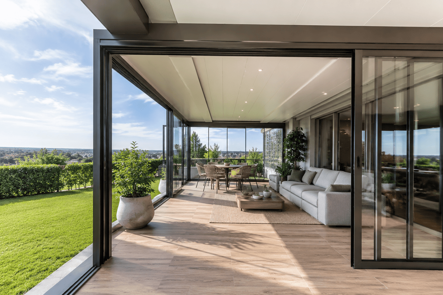 Cerramiento de terraza sin obra con perfiles de aluminio y paneles de vidrio